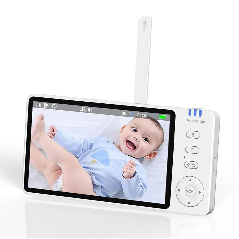 White wireless baby monitor with 5-inch screen showing baby room video