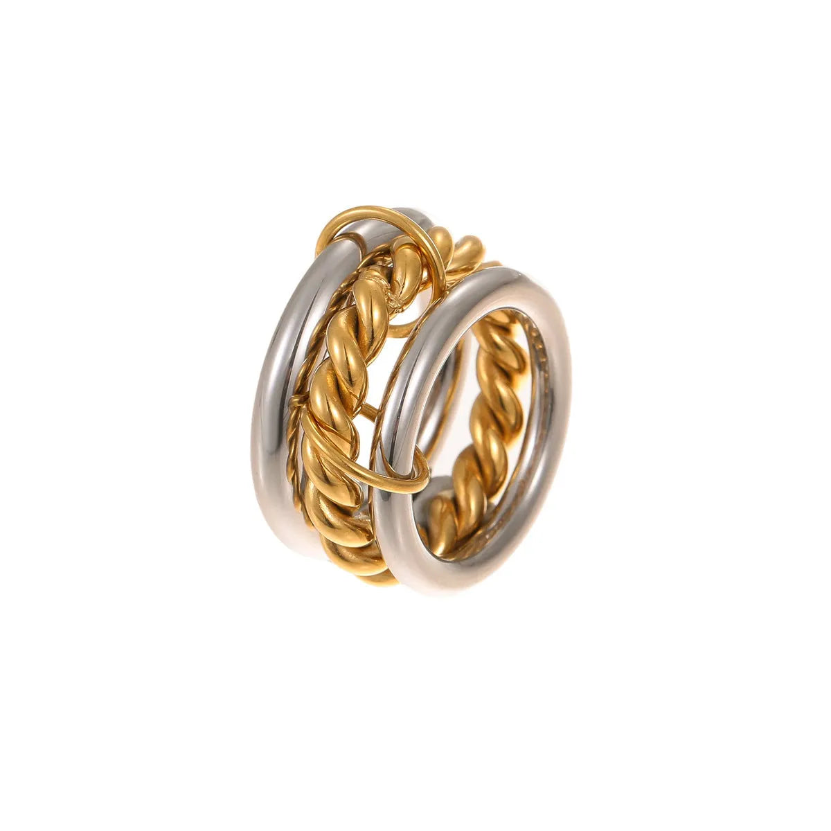 Stackable stainless steel rings with 18K gold plating in colour matching bands, exaggerated modern design