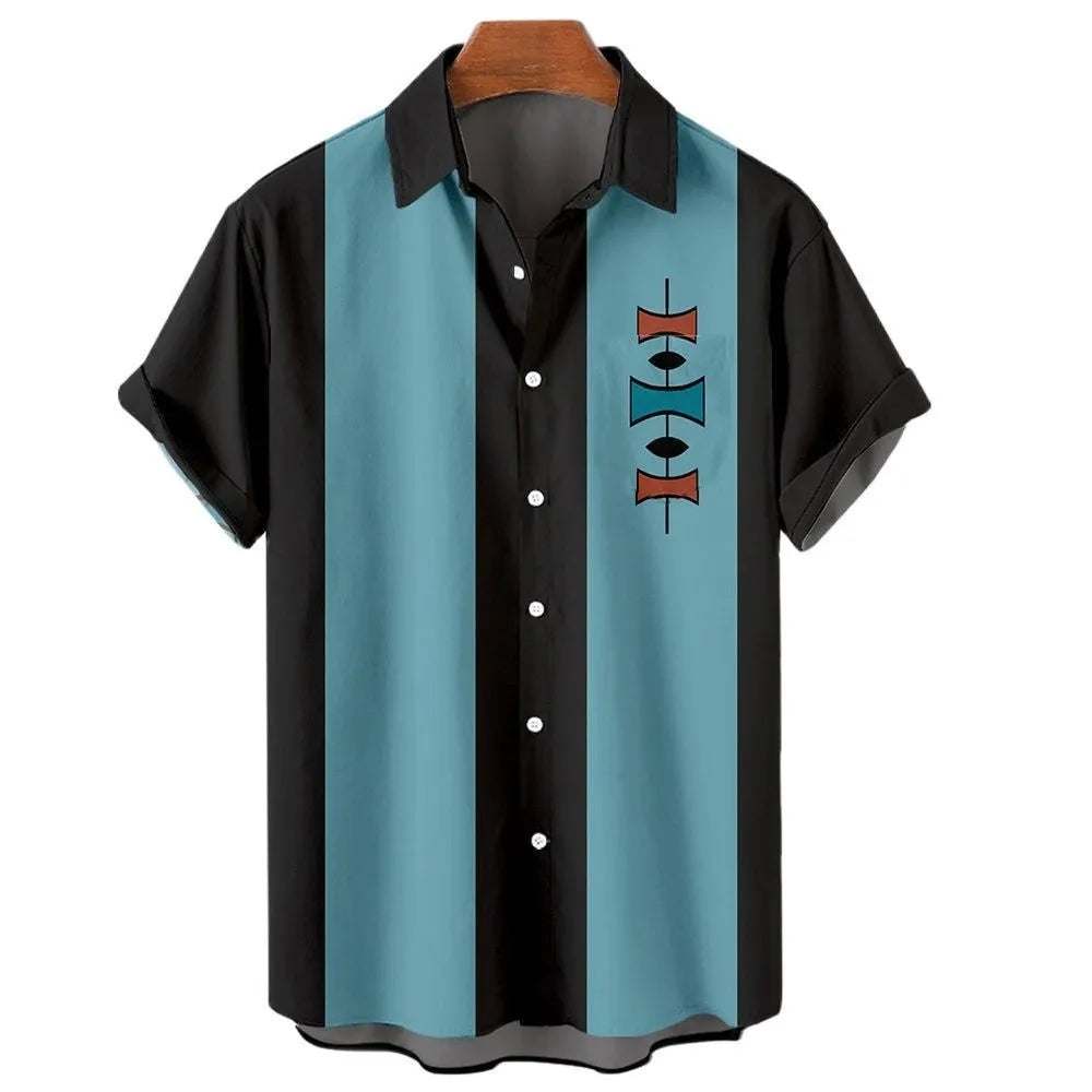 Men's striped Hawaiian shirt with button front and short sleeves in elastic fabric