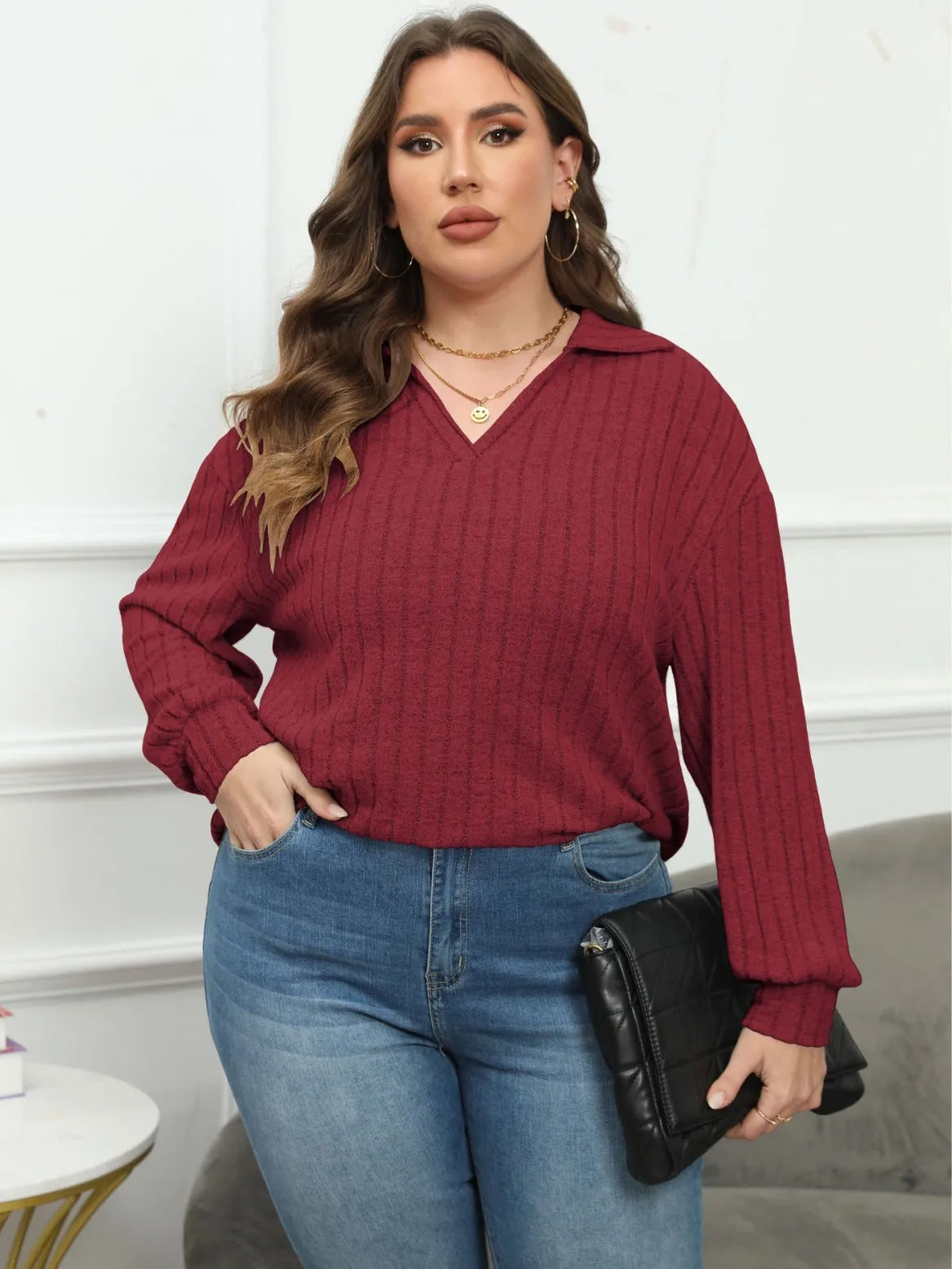 Women's plus size polo collar polar fleece shirt with lantern sleeves in melange gray fabric