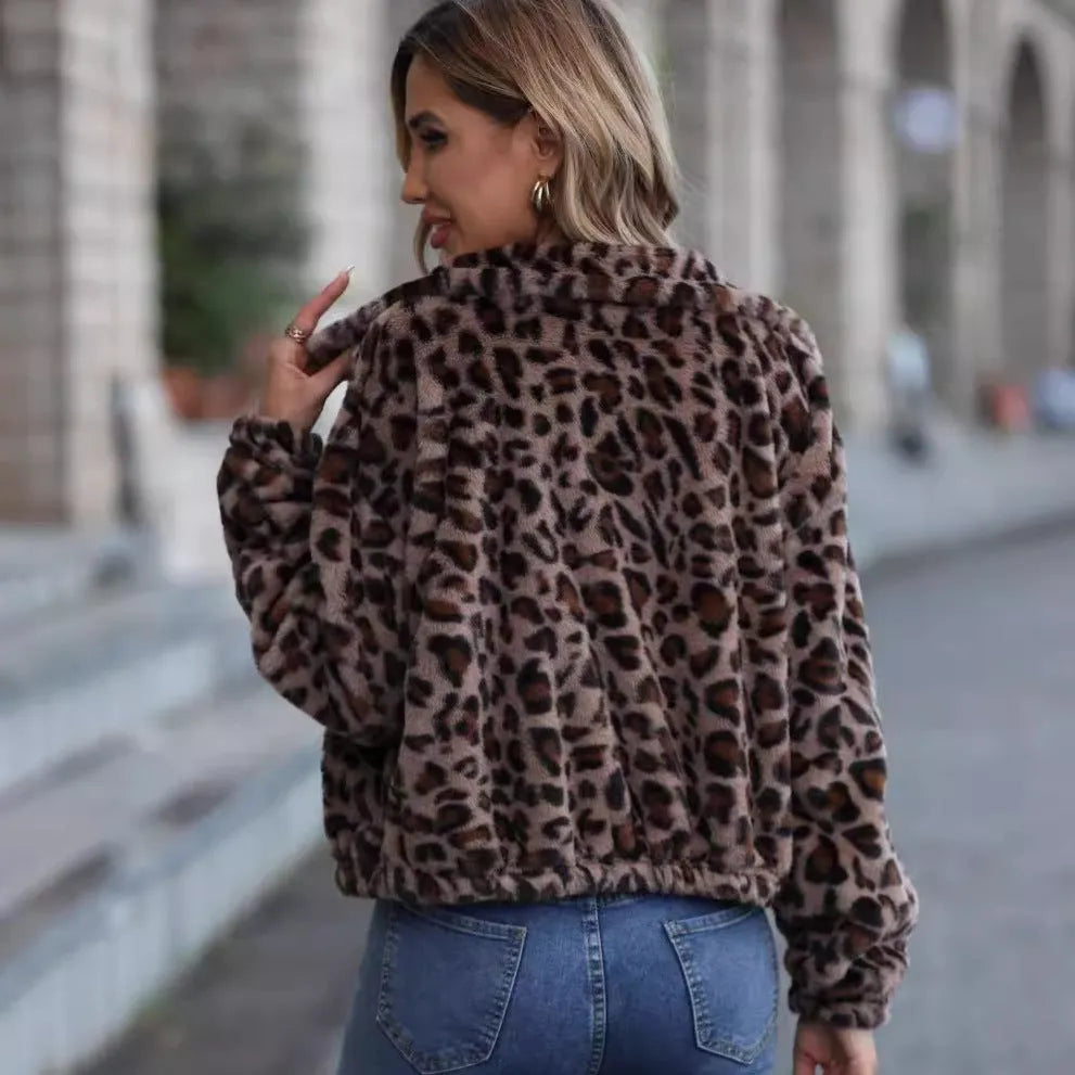 Women's leopard print winter coat with zip front and loose fit in rabbit fur plush fabric