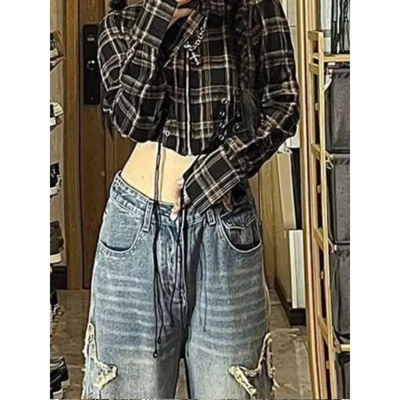 Blue cotton denim wide-leg pants with high waist and straight cut design