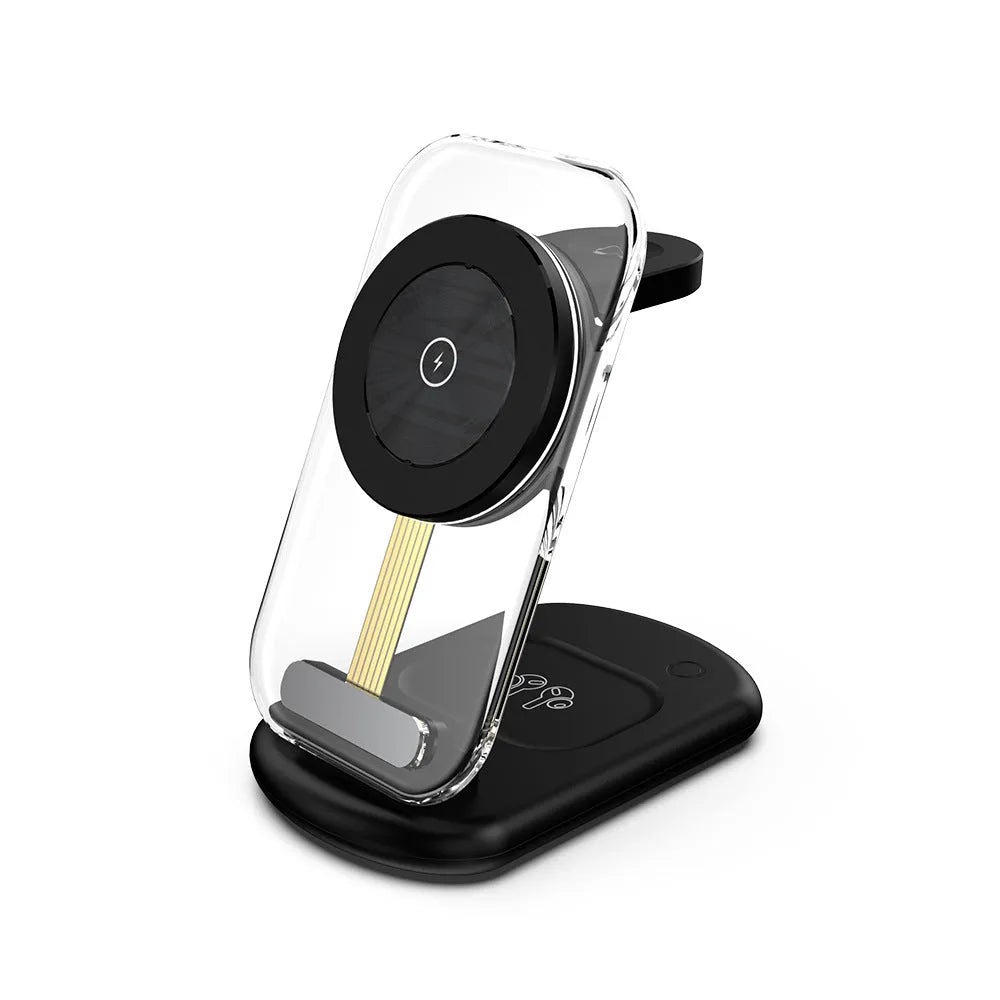 Transparent folding three-in-one magnetic wireless charger showing internal components