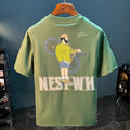 Green men's t-shirt with literary youth print design, loose fit short sleeve cotton construction