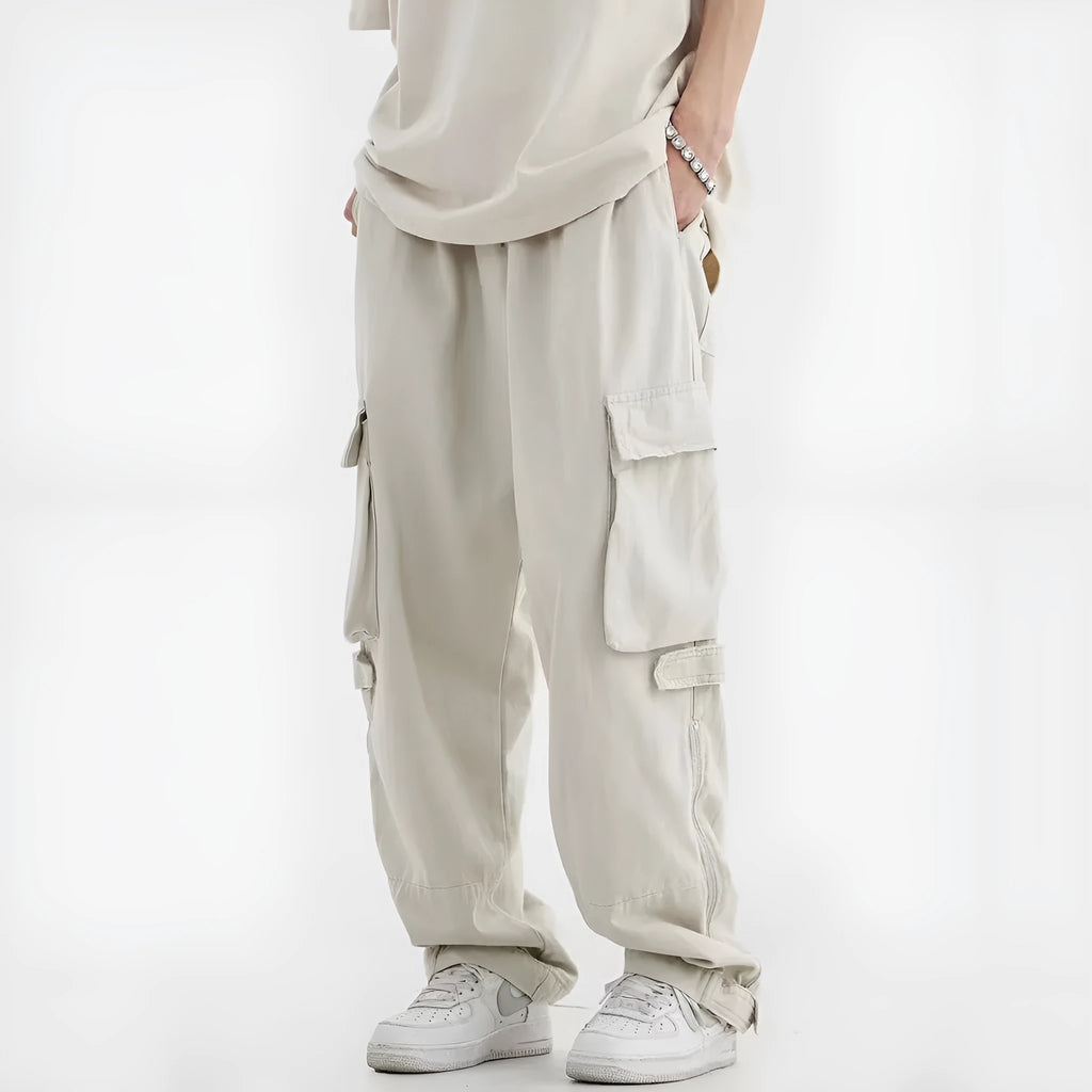 Men's cotton loose straight tube multi pocket cargo pants in Black and Apricot