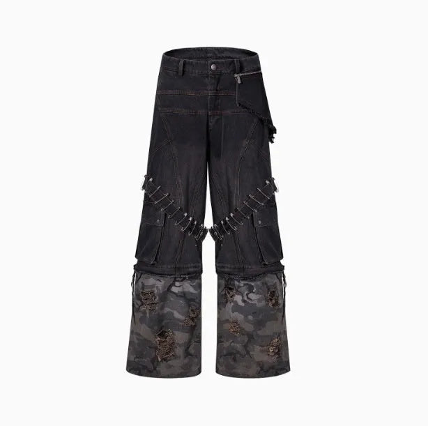 Men's grey camouflage splicing jeans with pin ribbon detailing on cotton denim fabric