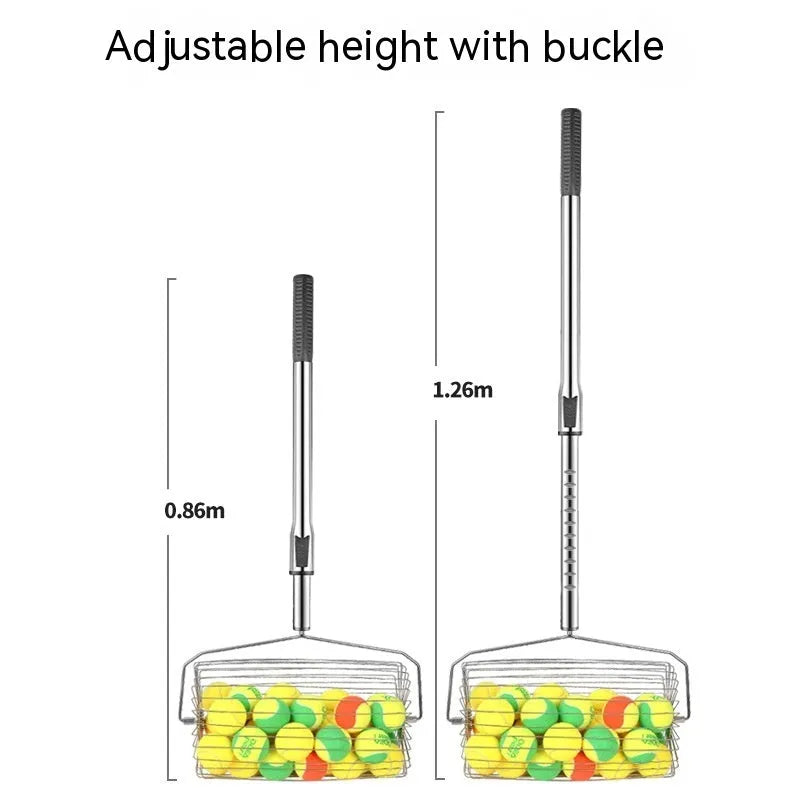 Stainless steel tennis ball picker with large adjustable roller, shown in classic and extra large capacity styles.