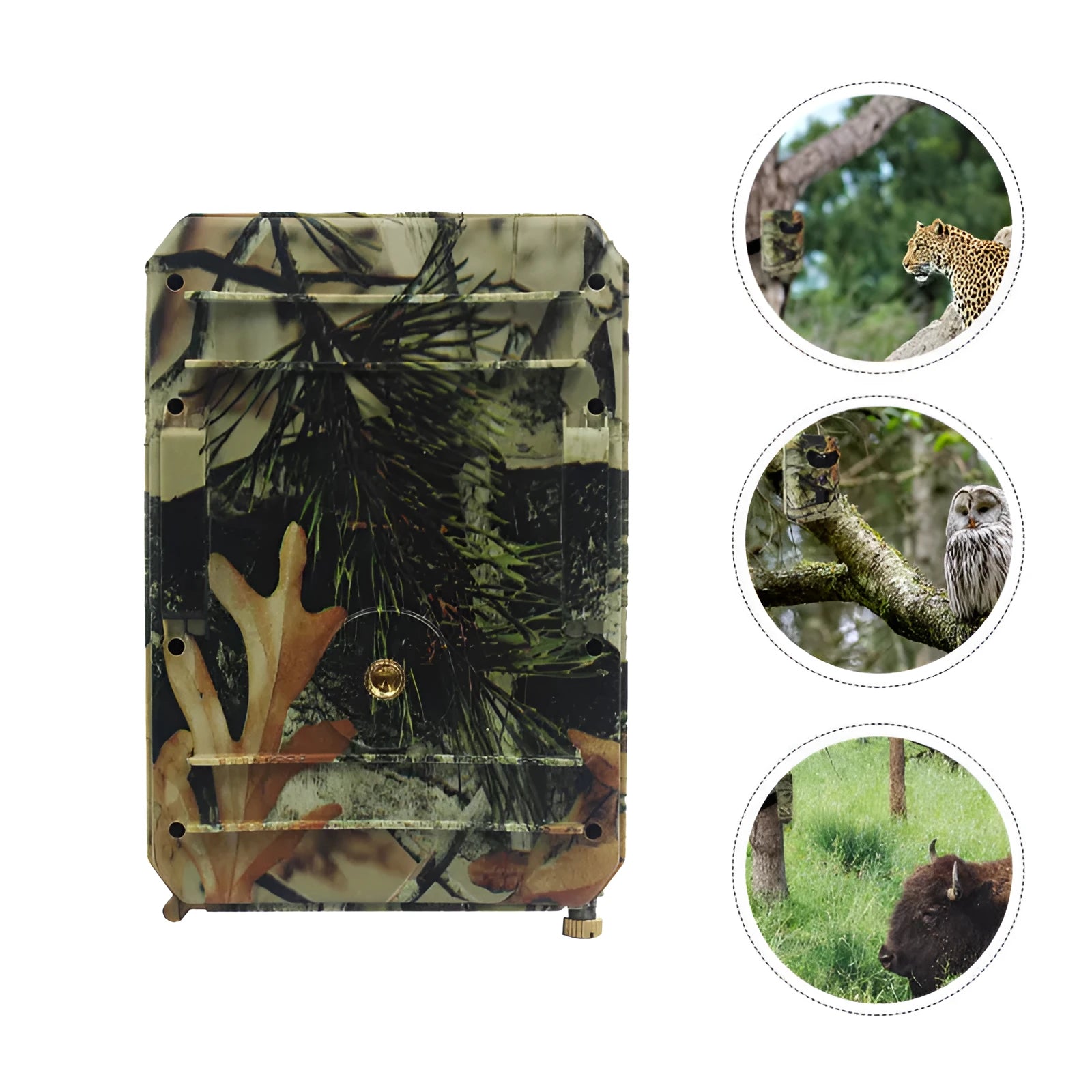 Yellow brown plastic 16MP hunting game camera with infrared lights and wide lens for outdoor wildlife monitoring.