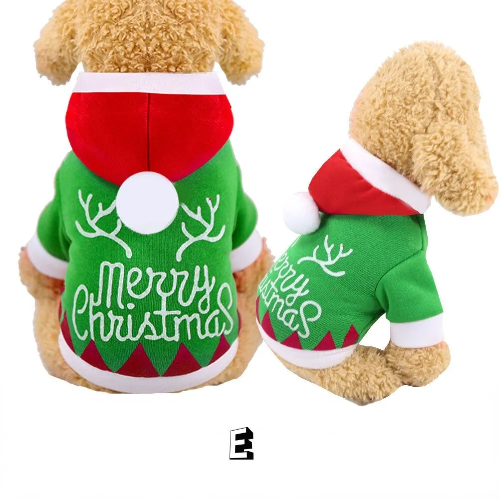 Brown Christmas pet Santa costume made from cotton-style cloth with four-leg design, available in sizes XS to 7XL