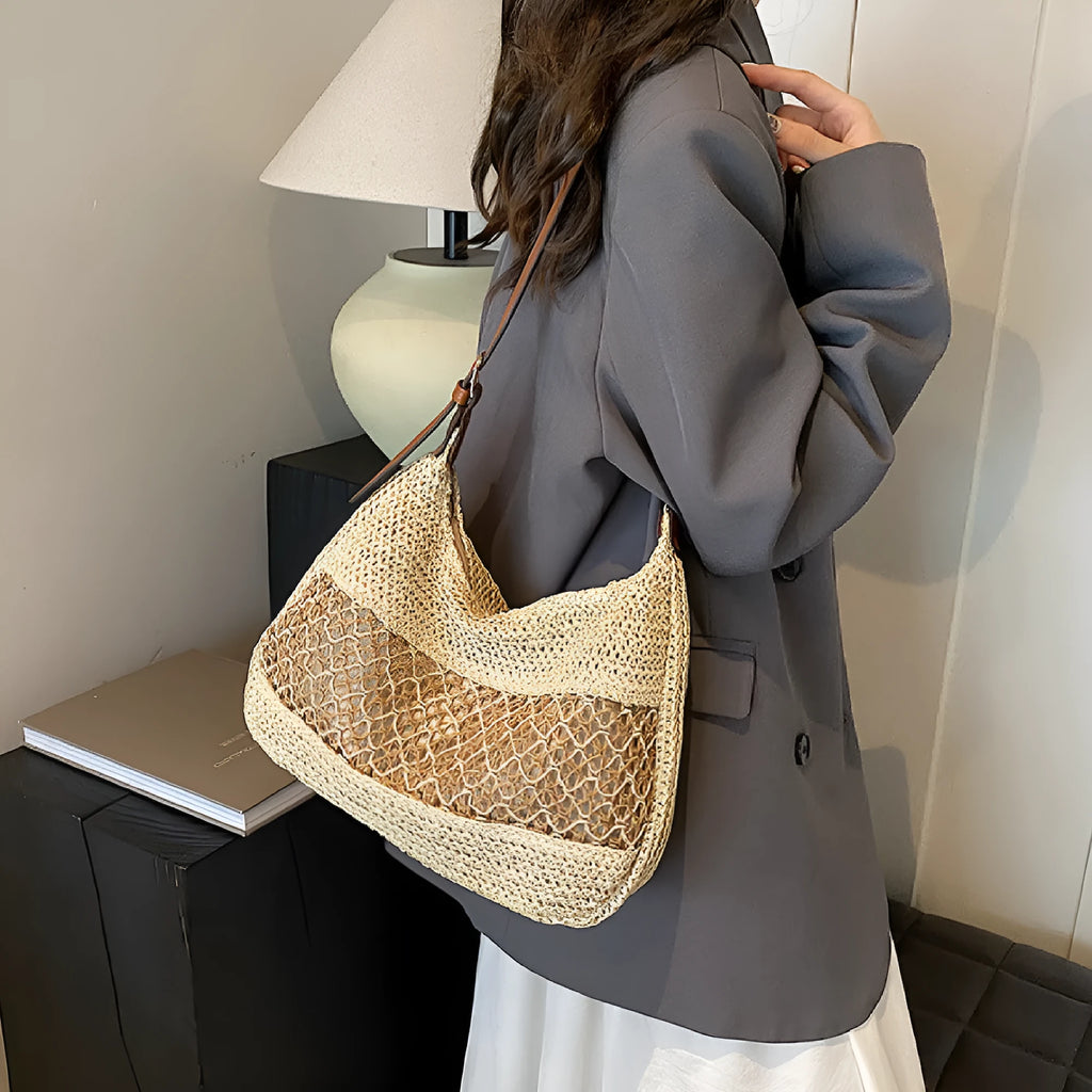 Women's straw cross body bag with sandwich pocket in khaki colour horizontal square shape