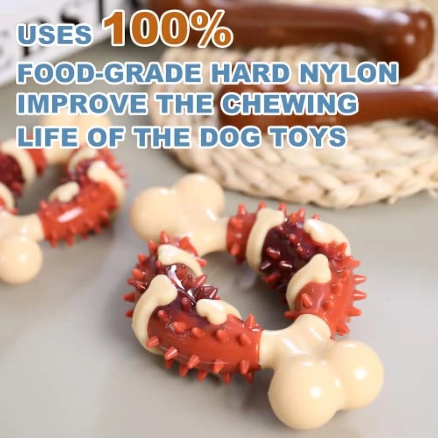 Bone-shaped natural rubber dog chew toy in large and small sizes for teeth grinding