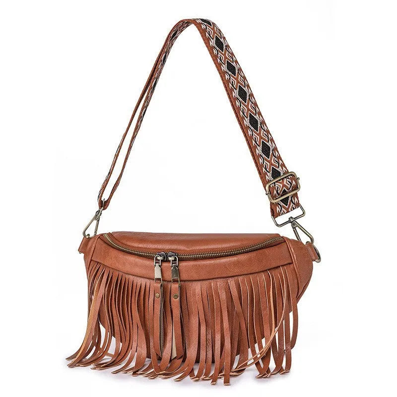 PU leather messenger bag with tassel pleats and retro styling in macaron-gray colour