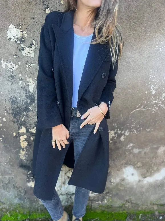 Women's mid-length lapel double-breasted casual jacket in polyester, available in black, white, and dark grey solid colours