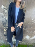 Women's mid-length lapel double-breasted casual jacket in polyester, available in black, white, and dark grey solid colours
