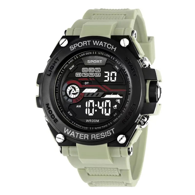 Digital electronic wristwatch with rectangular LCD screen showing time and date, available in multiple colours