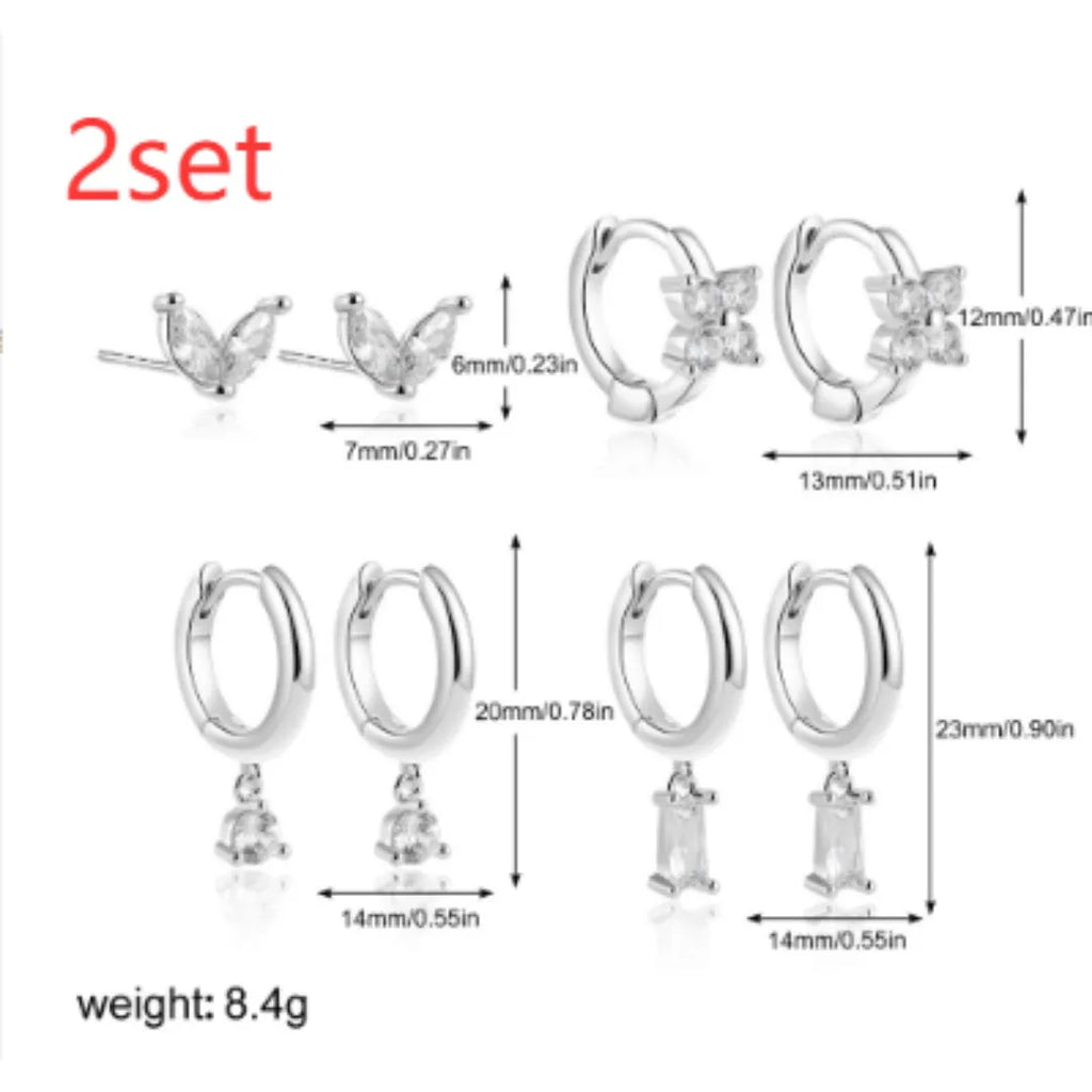 Geometric square zircon earrings four-piece set with gold electroplated finish showing star and quadrilateral designs