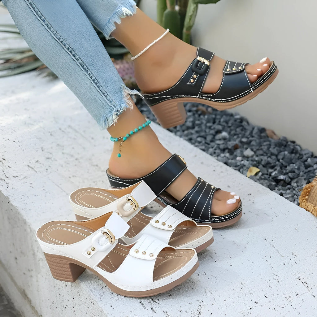 Open toe chunky heel embossed outdoor slippers in black, milky white, and white with fish mouth toe bracket