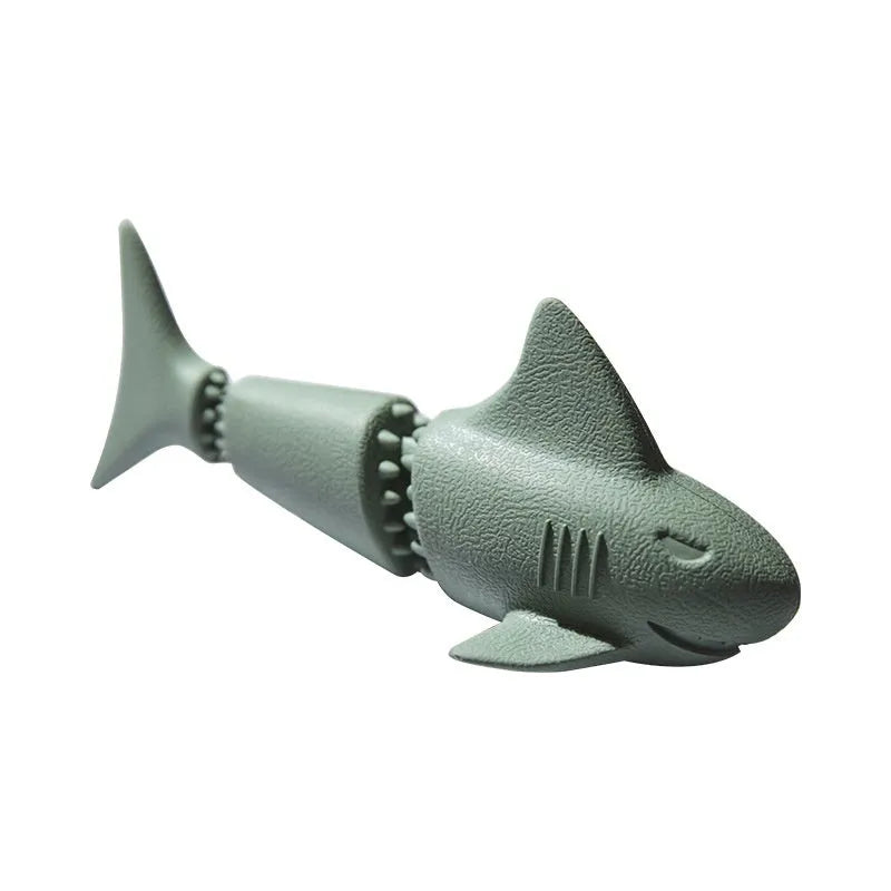 Blue and green deep sea shark shaped rubber dog chew toy for interactive feeding