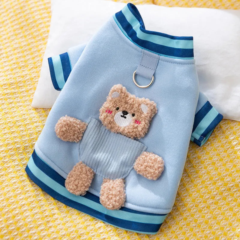 Navy blue wool dog sweater with light blue striped cuffs, metal D-ring on back, soft knitted fabric, for small breeds like Chihuahuas