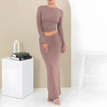 Women's autumn two-piece suit in sweet style, showing three-quarter sleeve top and long skirt.