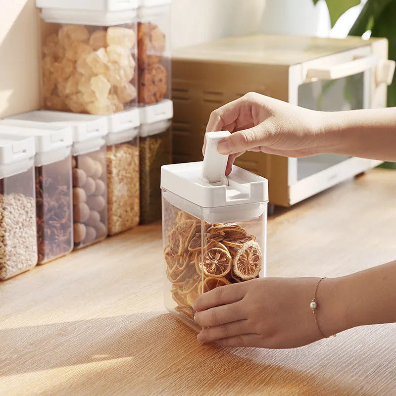 White transparent plastic grain storage box with Japanese design, 400ml capacity.