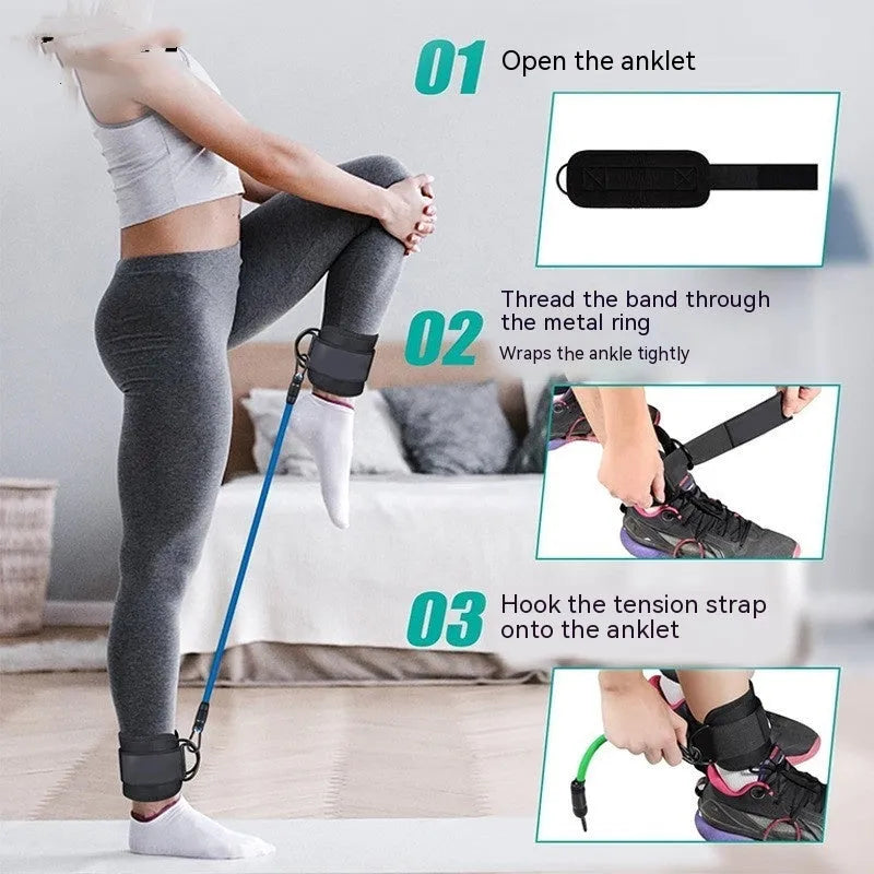 TPE resistance band set with three tension levels and ankle foot loops for leg workouts