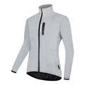 Silver coloured waterproof polyester long sleeved coat with hood on a hanger.