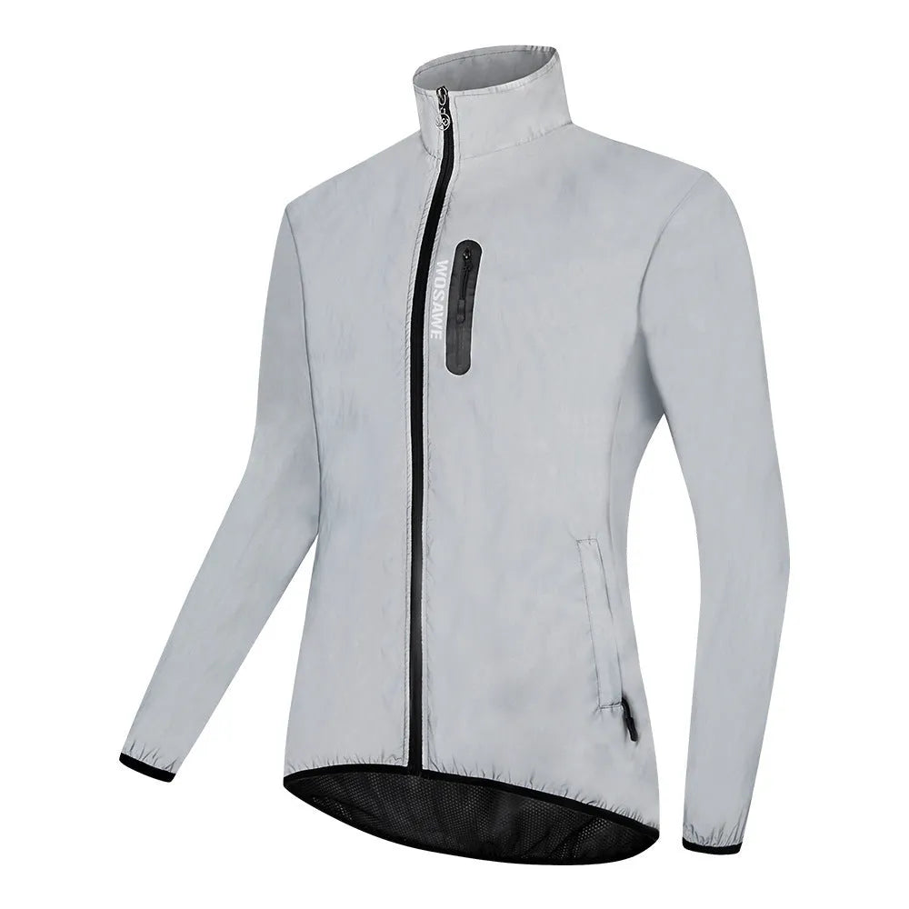Silver coloured waterproof polyester long sleeved coat with hood on a hanger.