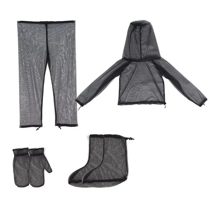 Mosquito protection suit set comprising hooded top, trousers and booties in breathable mesh fabric
