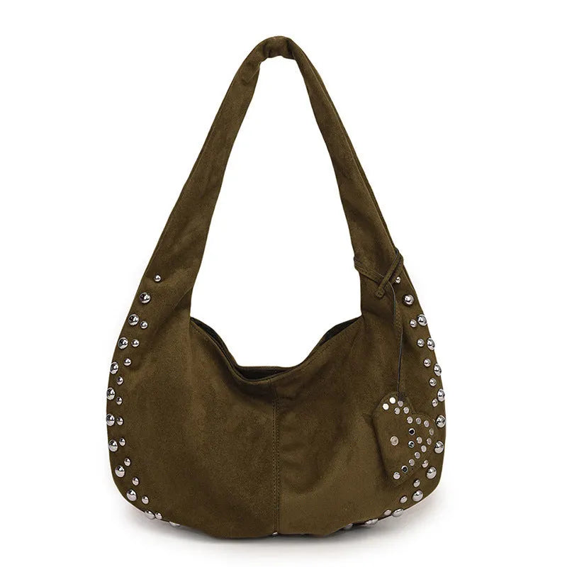 Soft plush tote handbag with adjustable strap in retro style showing black, brown, green, red, and coffee colour options