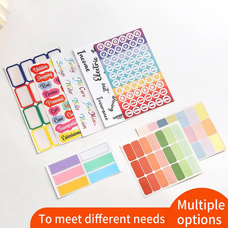 Handwritten label adhesive stickers showing colour grids with A6 rulers and sticky notes
