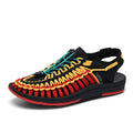 Casual woven sandals with drawstring tie closure in a rainbow colour pattern on a rubber sole.