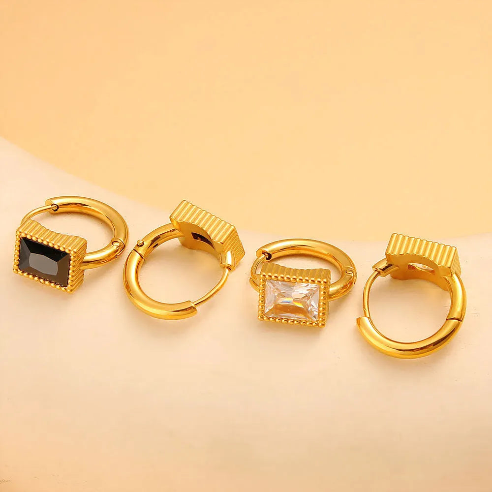 Square zircon stainless steel earrings with geometric design and round ring elements