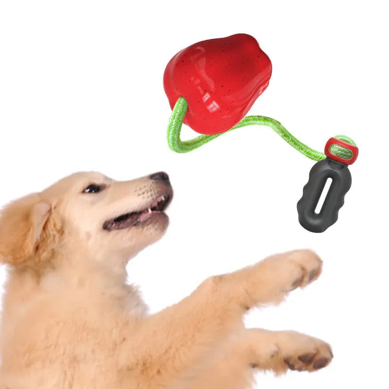 Green plastic apple-shaped dog food dropping ball with hollow treat compartment