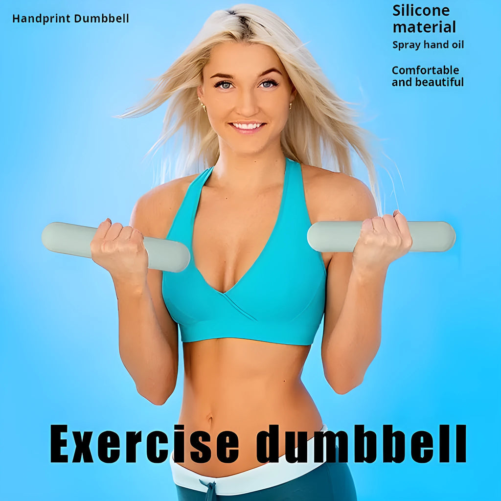A hand-drawn cast iron dumbbell stick with a silicone non-slip edging, shown in various colours and weights.
