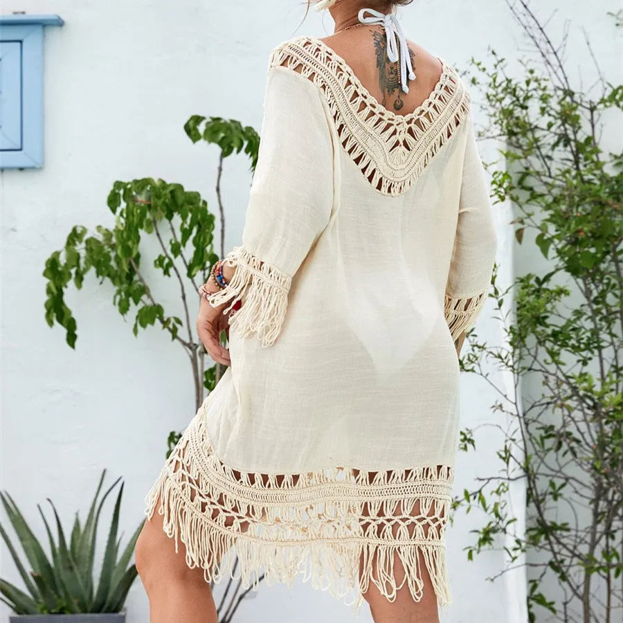 Apricot crocheted patchwork beach dress with half sleeves and mid-length skirt in free size European styling