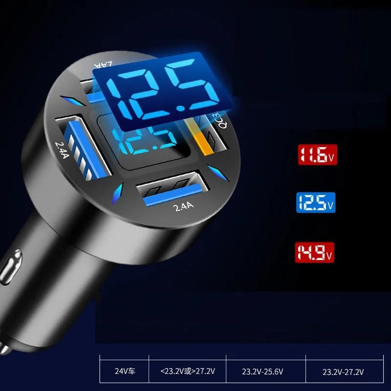Black four-port USB car charger with digital LED display plugged into a car dashboard socket.