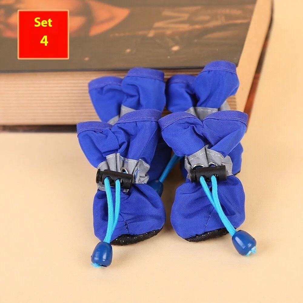 Set of four breathable cloth dog shoes with soft soles, shown in a choice of colours and patterns.