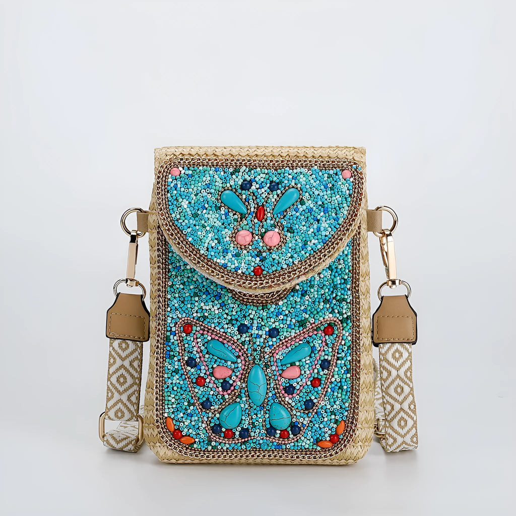 Rice bead straw woven women's crossbody shoulder bag square vertical shape with phone pocket