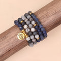 Multi-layer blue patterned network stone bead bracelet with adjustable cord closure