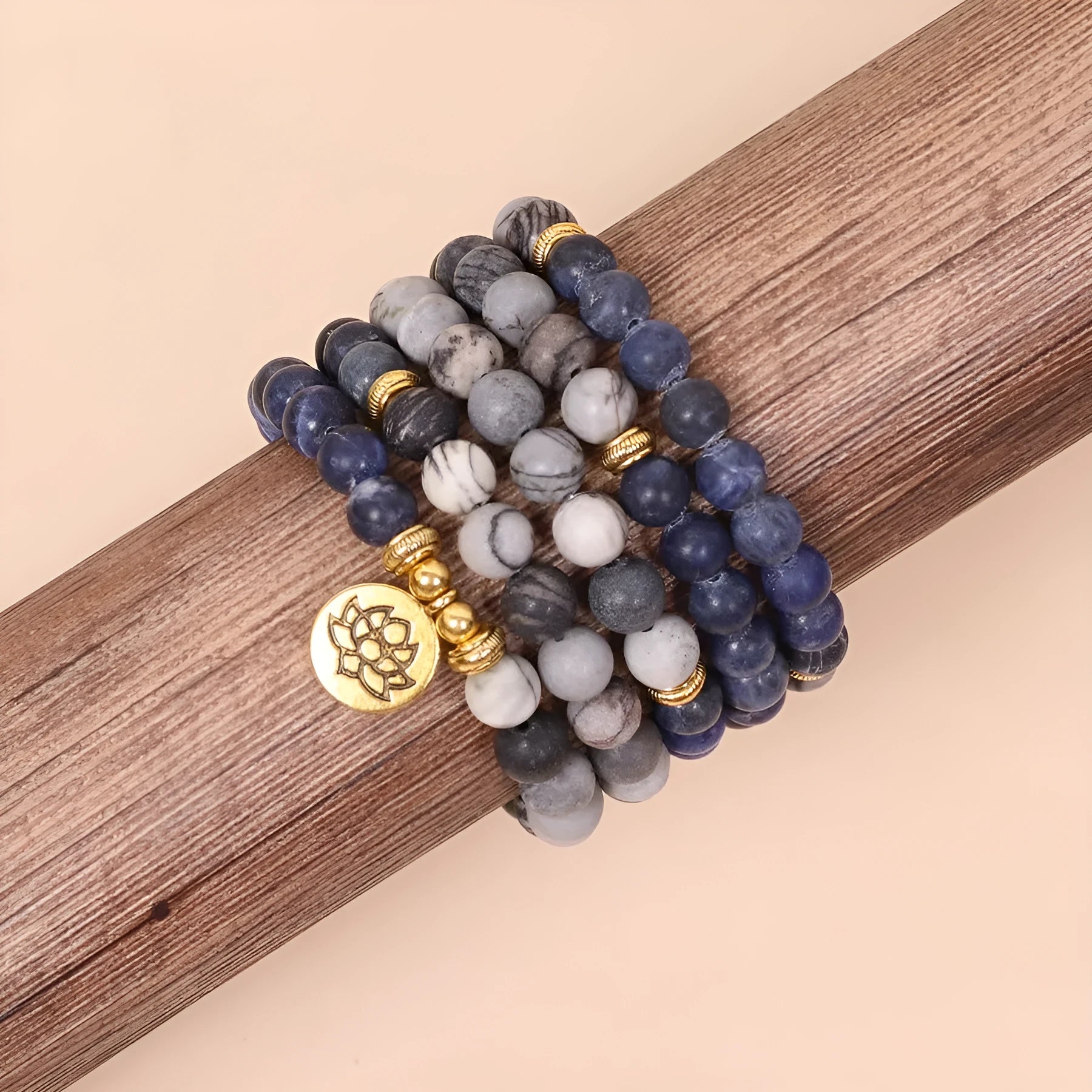 Multi-layer blue patterned network stone bead bracelet with adjustable cord closure