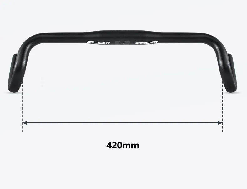 Black aluminium alloy bent handlebar for road bikes with 420mm width and 31.8mm clamp
