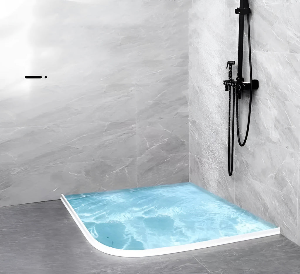Flexible silicone bathroom waterproof strip in black colour showing water barrier installation