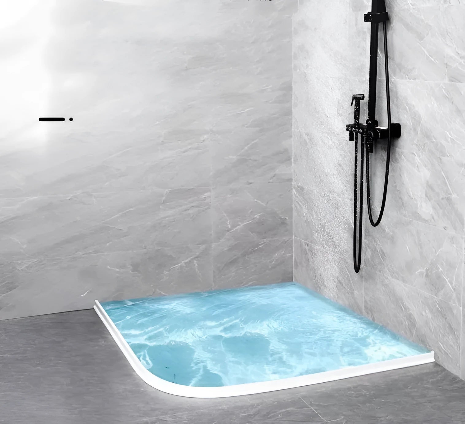 Flexible silicone bathroom waterproof strip in black colour showing water barrier installation