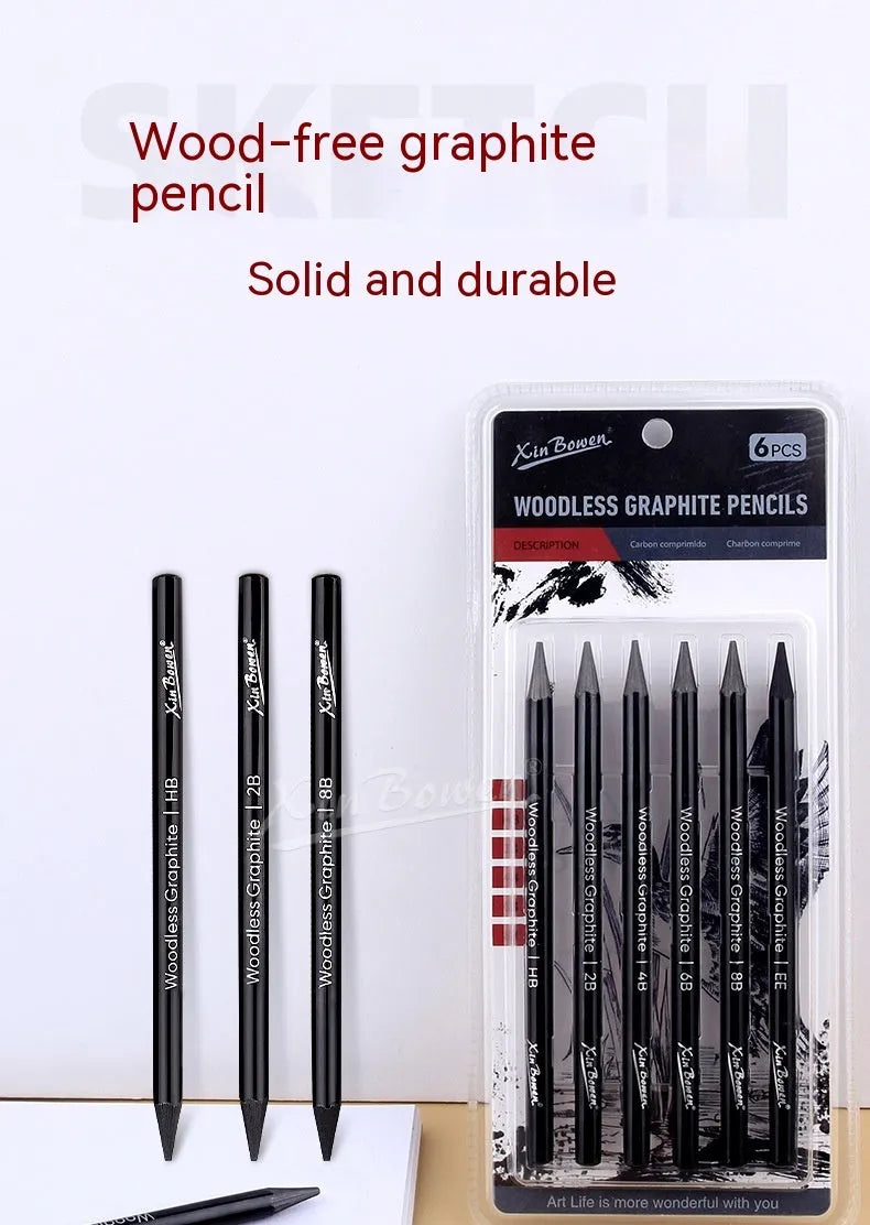 Set of wood-free graphite sketching pencils in six hardness grades for drawing and art