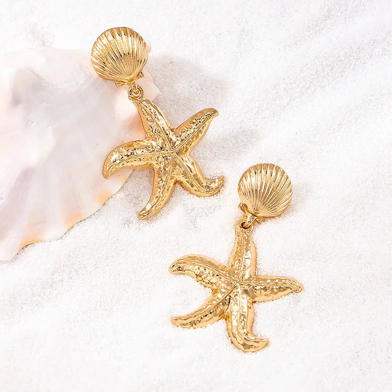 Gold starfish shell drop earrings for women exaggerated personality design