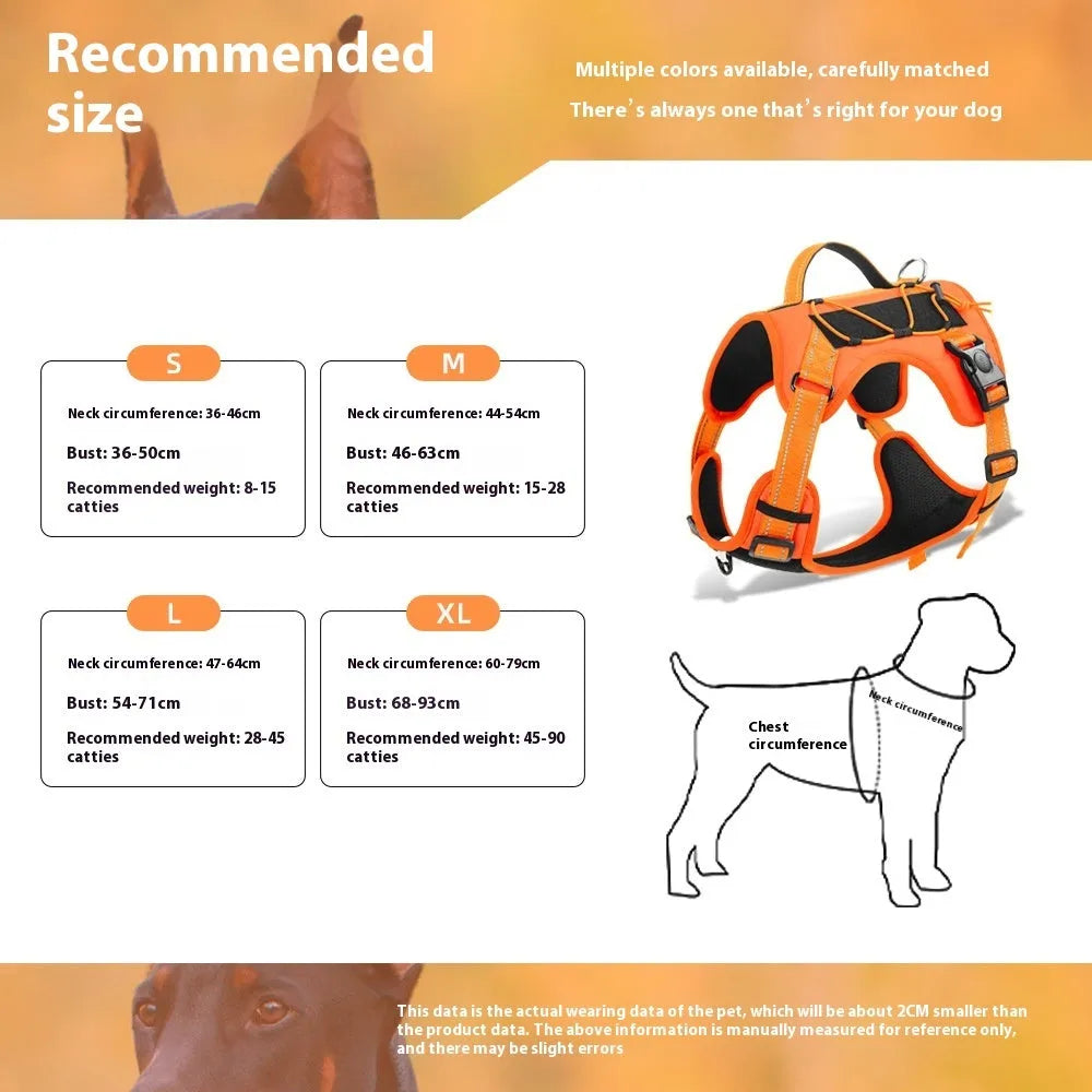 Orange dog harness vest with reflective trim and an attached black hand-holding rope leash.