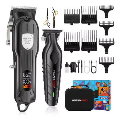 Black professional USB hair clippers with LED display and adjustable length settings.