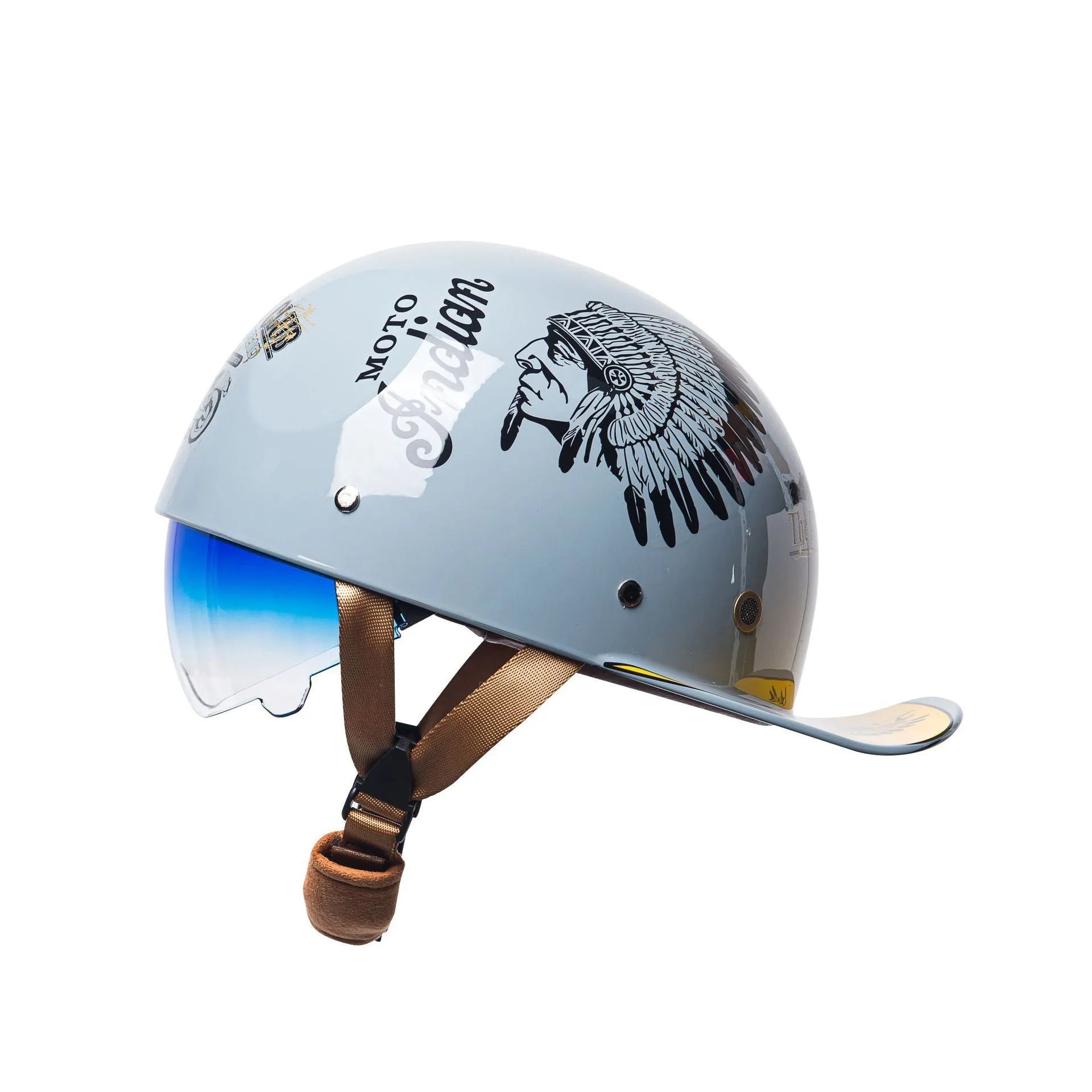 Retro half helmet for electric bicycles in bright black gradient blue with matching lens