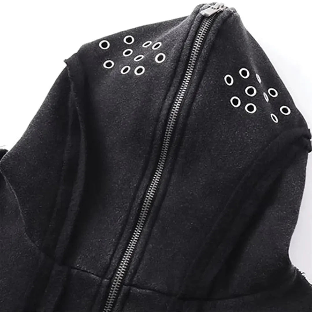 Black padded cotton cardigan coat with zip front and abstract pattern